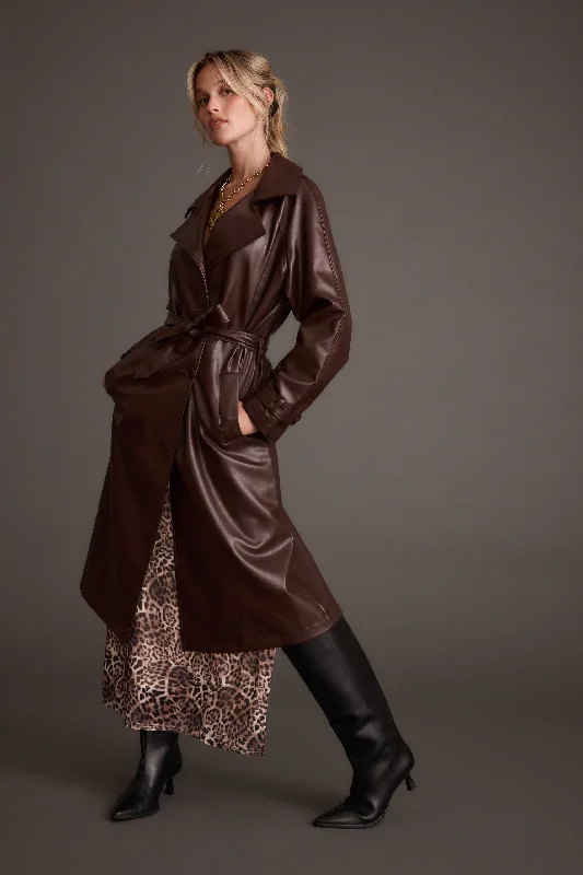 Advanced Customization Brynne Faux Leather Mahogany Brown Trench