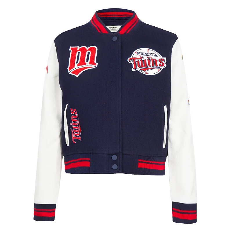 Simple Solid Color MLB MINNESOTA TWINS RETRO CLASSIC WOMEN'S RIB WOOL VARSITY JACKET (MIDNIGHT NAVY/RED/MIDNIGHT NAVY) Simple Solid Color MLB MINNESOTA TWINS RETRO CLASSIC WOMEN'S RIB WOOL VARSITY JACKET (MIDNIGHT NAVY/RED/MIDNIGHT NAVY)