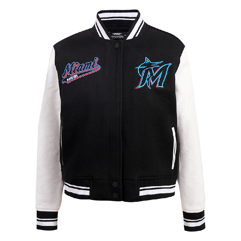 Mid-length Style MLB MIAMI MARLINS SCRIPT TAIL WOMEN'S WOOL VARSITY JACKET (BLACK/WHITE) Mid-length Style MLB MIAMI MARLINS SCRIPT TAIL WOMEN'S WOOL VARSITY JACKET (BLACK/WHITE)