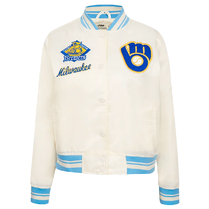 Carefree MLB MILWAUKEE BREWERS RETRO CLASSIC WOMEN'S RIB SATIN JACKET (EGGSHELL/ UNIVERSITY BLUE) Carefree MLB MILWAUKEE BREWERS RETRO CLASSIC WOMEN'S RIB SATIN JACKET (EGGSHELL/ UNIVERSITY BLUE)