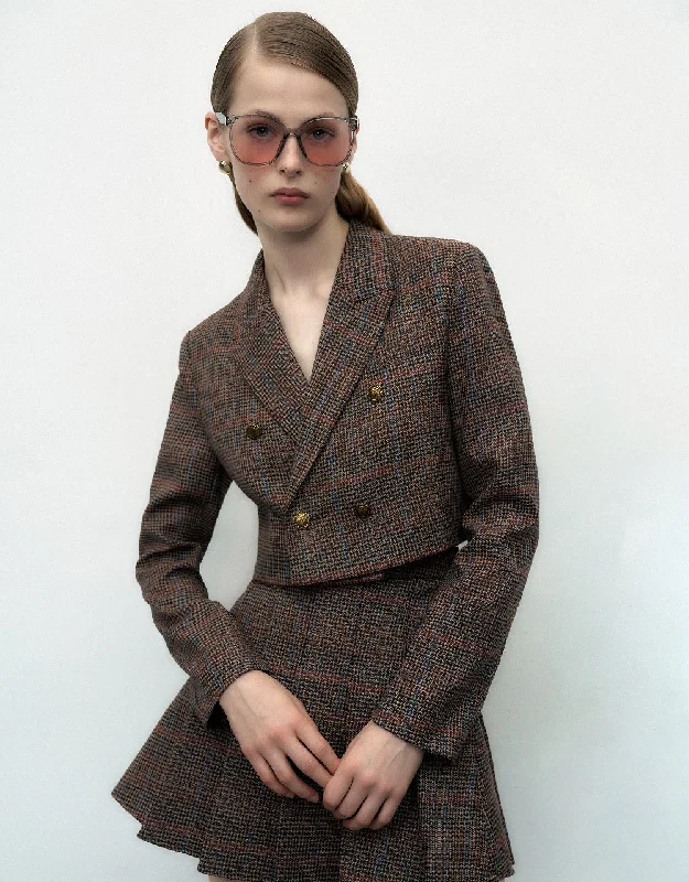 Simple Matching Plaid Cropped Tailored Blazer