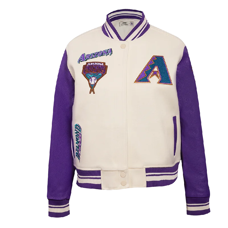 Slightly Flared Design MLB ARIZONA DIAMONDBACKS RETRO CLASSIC WOMEN'S RIB WOOL VARSITY JACKET (EGGSHELL/ PURPLE)