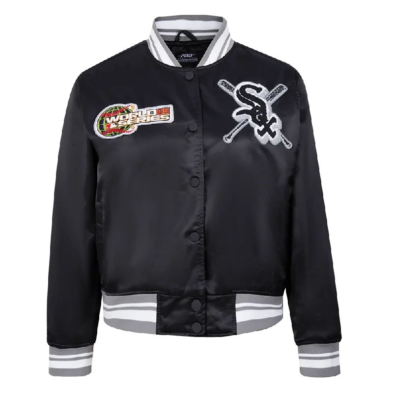 Exclusive Customization MLB CHICAGO WHITE SOX MASHUP WOMEN'S RIB SATIN JACKET (BLACK/GRAY) Exclusive Customization MLB CHICAGO WHITE SOX MASHUP WOMEN'S RIB SATIN JACKET (BLACK/GRAY)