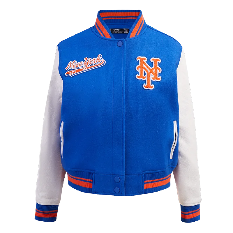Elegant And Elegant MLB NEW YORK METS SCRIPT TAIL WOMEN'S WOOL VARSITY JACKET (ROYAL/ORANGE/ROYAL) Elegant And Elegant MLB NEW YORK METS SCRIPT TAIL WOMEN'S WOOL VARSITY JACKET (ROYAL/ORANGE/ROYAL)