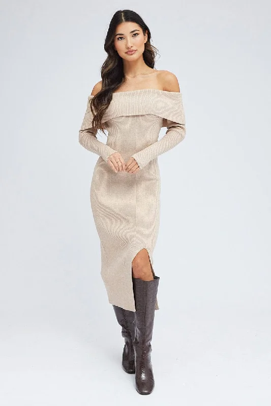 Versatile Itinerary Camel Midi Dress Long Sleeve Off Shoulder Bardot Knit