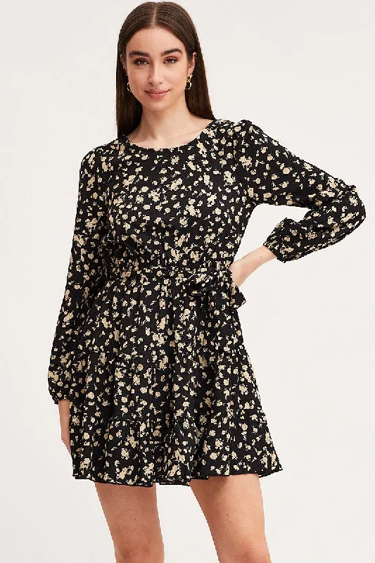 Street Show-off Style Print Mini Dress Long Sleeve Round Neck