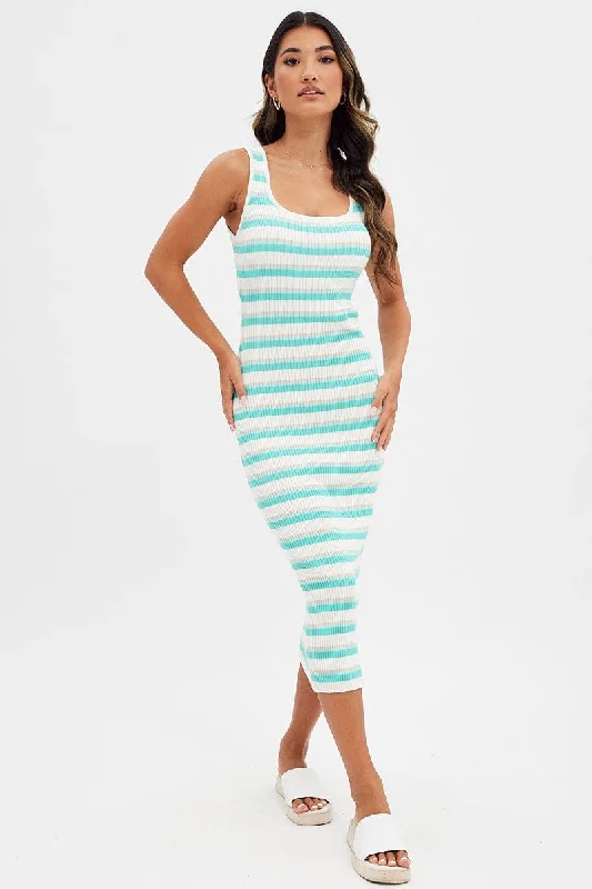 Simple Style Blue Stripe Knit Dress Midi Square Neck