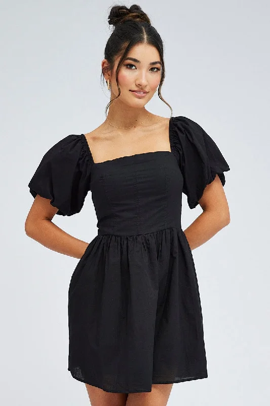High Street Series Black Fit and Flare Dress Short Sleeve