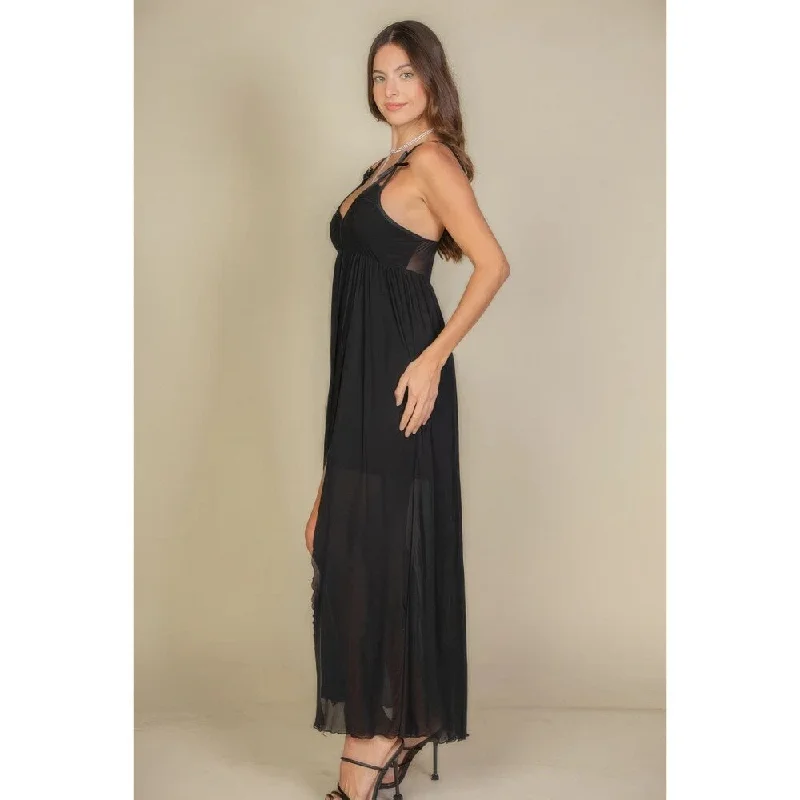 Comfortable Dresses Sleeveless Plunge Neck Split Thigh Mesh Maxi Dress