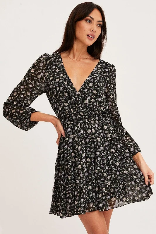 Cozy Layers Print Mini Dress Long Sleeve V Neck