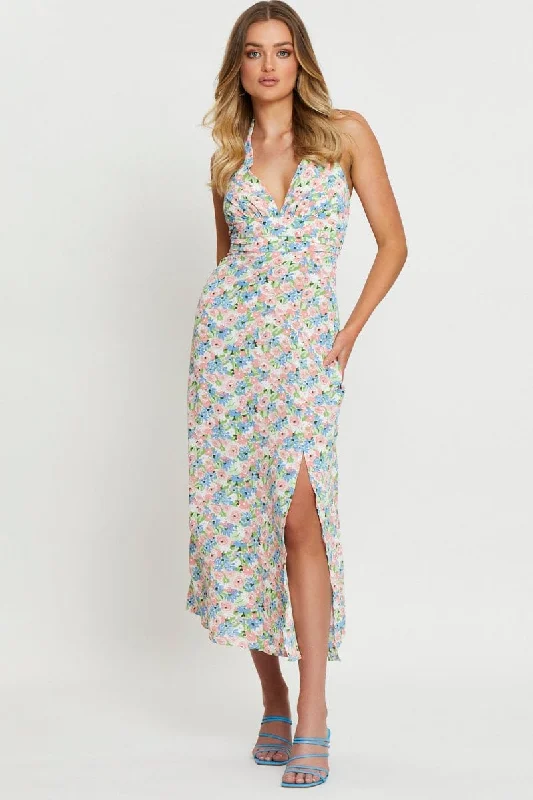 Style Design Print Maxi Dress Halter Neck