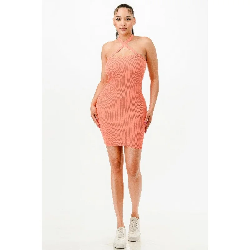 High-end Sense Sleeveless Peach Halter Neck Bodycon Dress