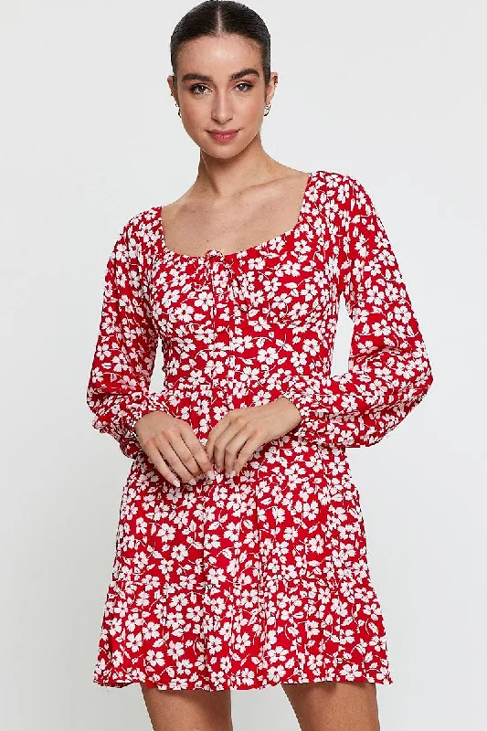 Street Personality Style Print Mini Dress Long Sleeve Square Neck
