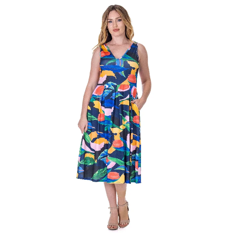 Fashionable Items 24seven Comfort Apparel Womens Midi Length Multicolor Sleeveless Pleated Pocket Dress Fashionable Items 24seven Comfort Apparel Womens Midi Length Multicolor Sleeveless Pleated Pocket Dress