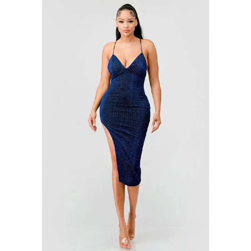 All-Day Wear Sleeveless Sweetheart Neckline Metallic Glitter Midi Dress