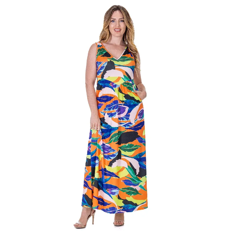 High-end Wear 24seven Comfort Apparel Multicolor Floral Sleeveless V Neck Maxi Dress With Pockets High-end Wear 24seven Comfort Apparel Multicolor Floral Sleeveless V Neck Maxi Dress With Pockets