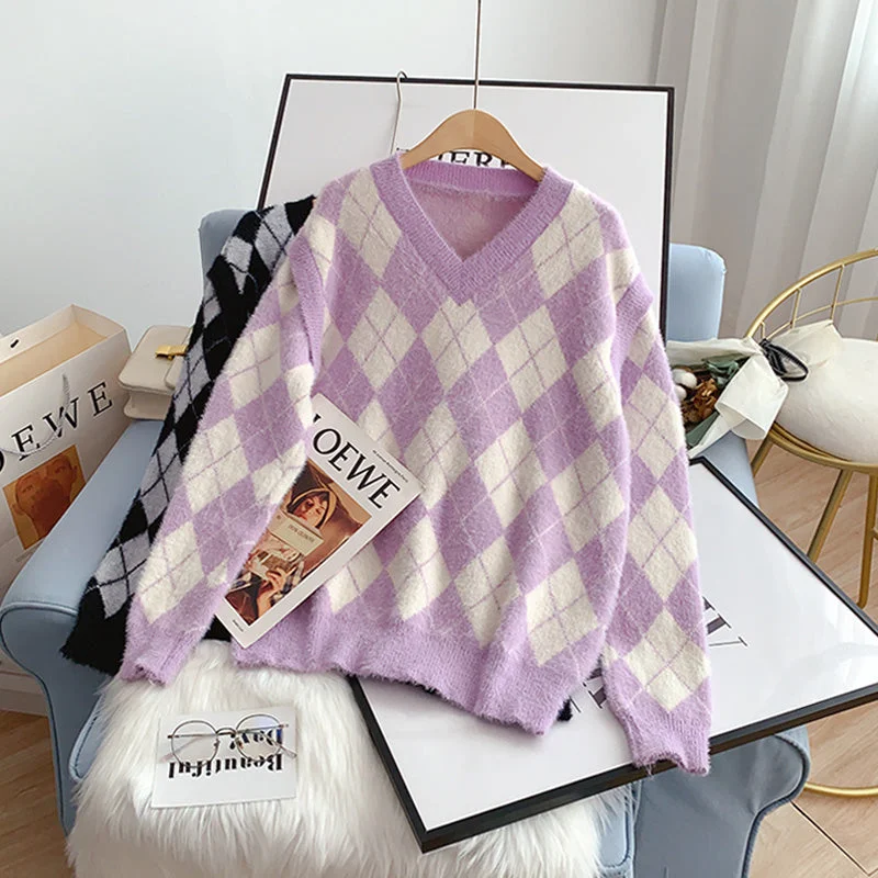 French Retro Sweet lazy wind imitation mink velvet checkered sweater  5006