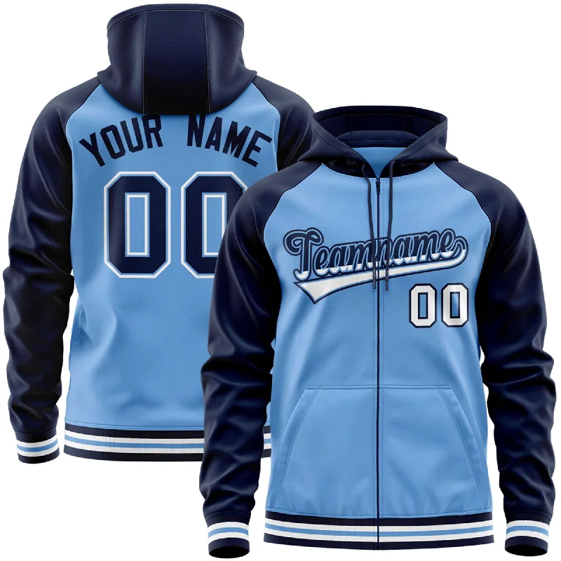 Modernism Custom Stitched Powder Blue Navy Raglan Sleeves Sports Full-Zip Sweatshirt Hoodie Modernism Custom Stitched Powder Blue Navy Raglan Sleeves Sports Full-Zip Sweatshirt Hoodie