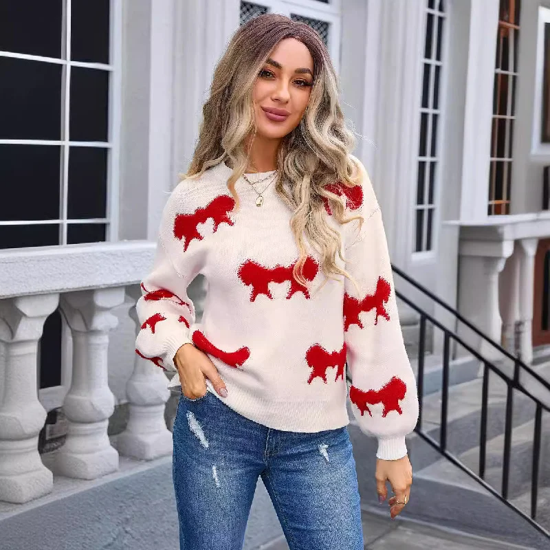 Romantic Temperament Women's Round-collar Long-sleeve Knitwear Bow Sweater